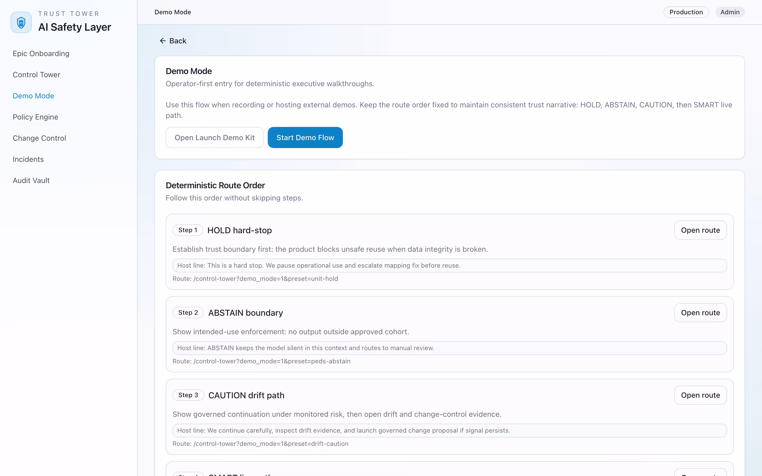Turing demo mode page with deterministic scenario route and operator controls