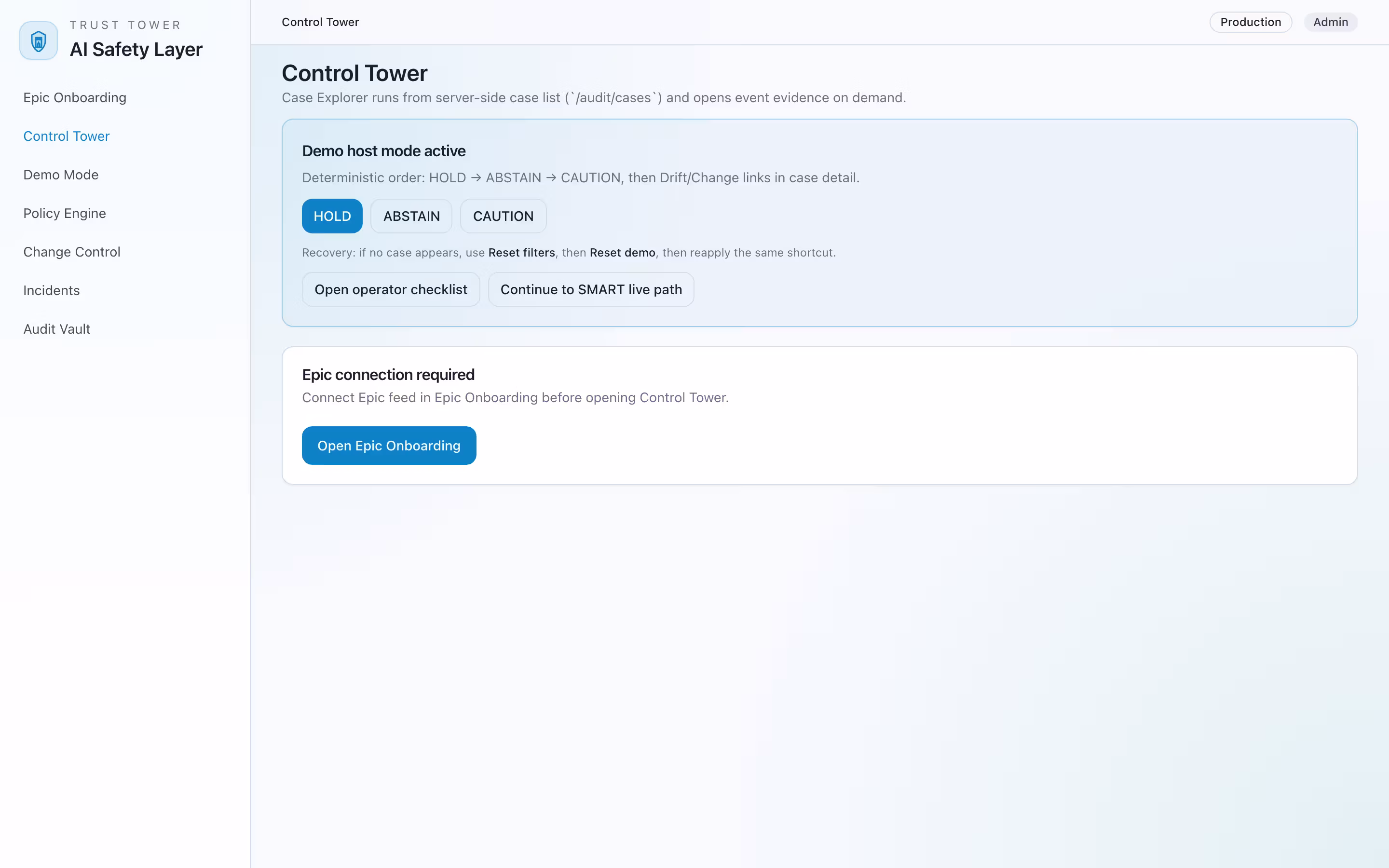 Control tower HOLD scenario showing hard-stop state and incident-oriented next actions