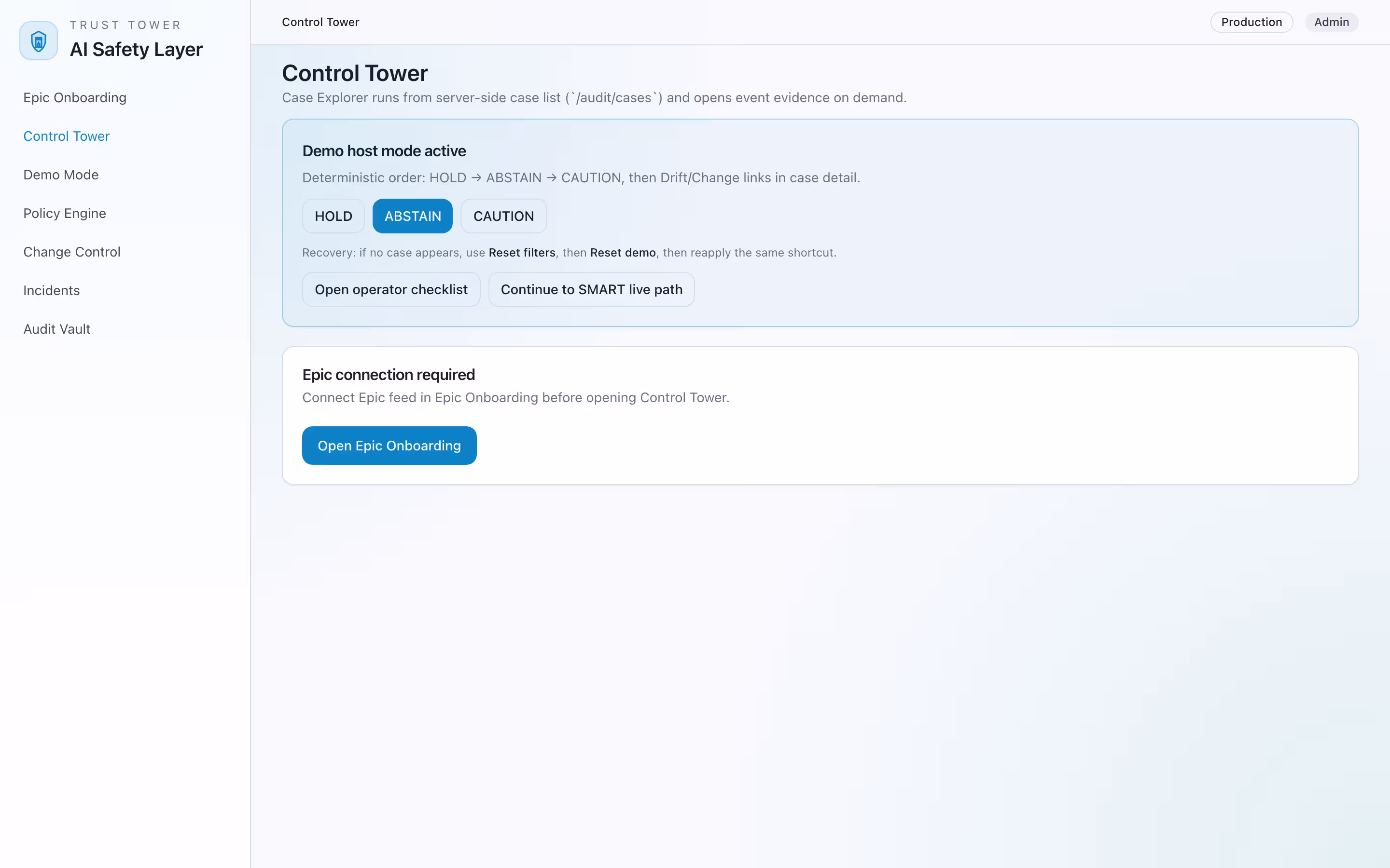 Control tower ABSTAIN scenario showing intended-use boundary enforcement
