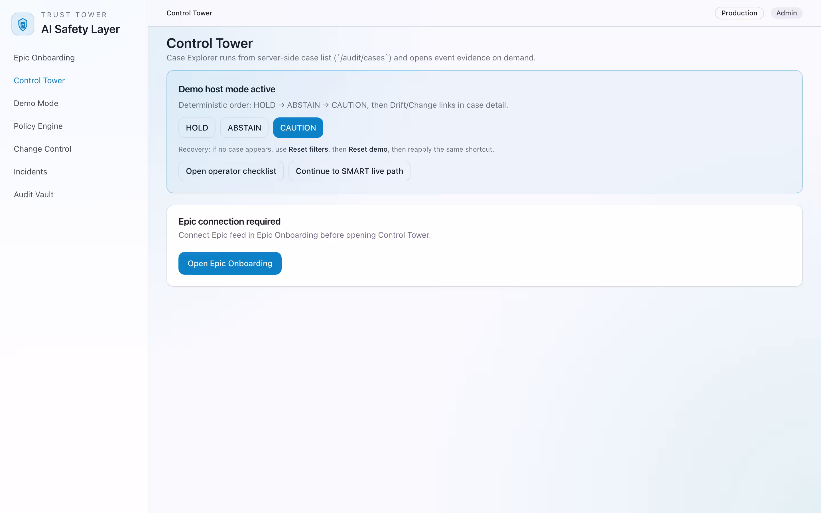 Control tower CAUTION scenario showing drift-aware monitored continuation