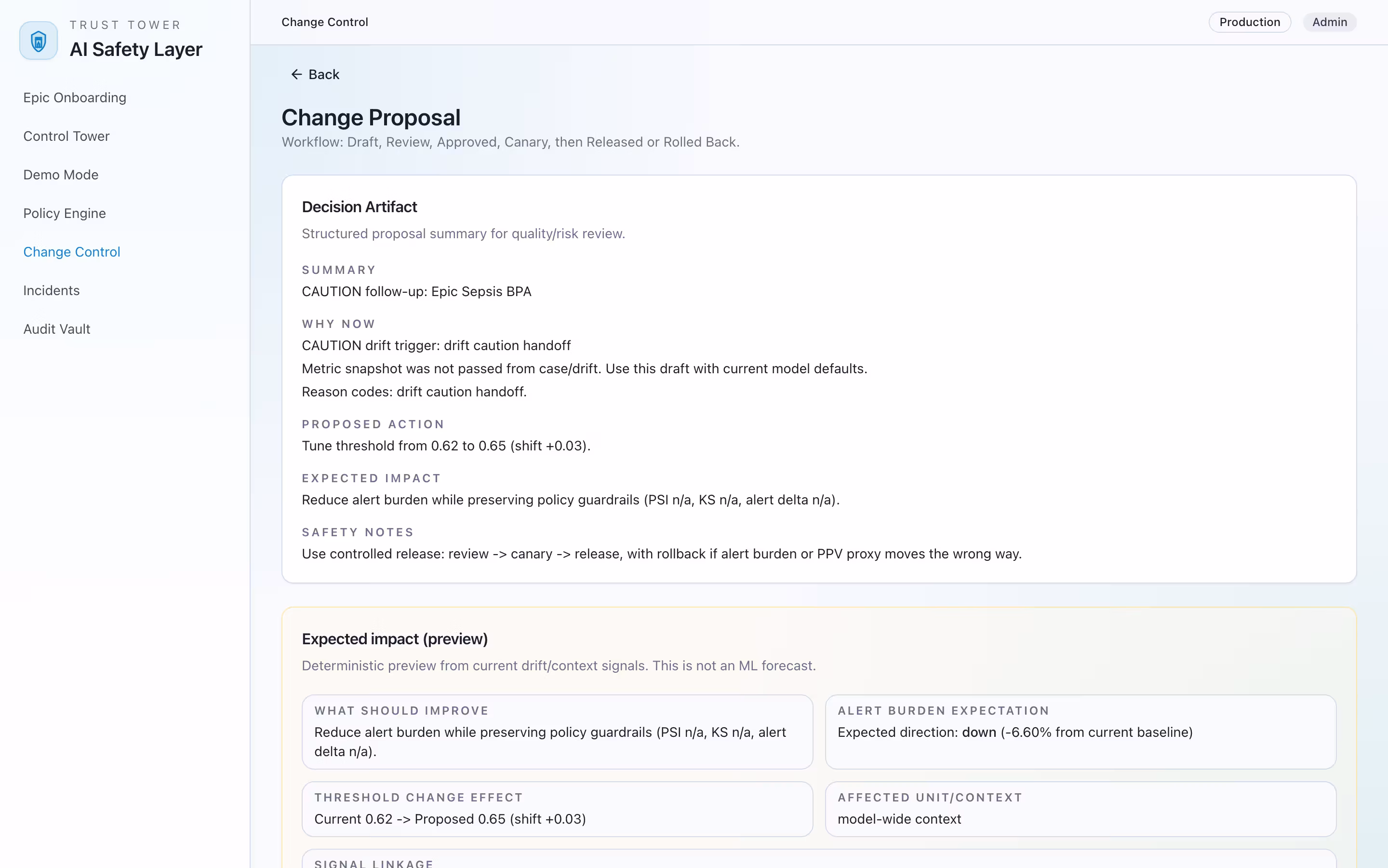 Change proposal workspace with safety notes and impact preview