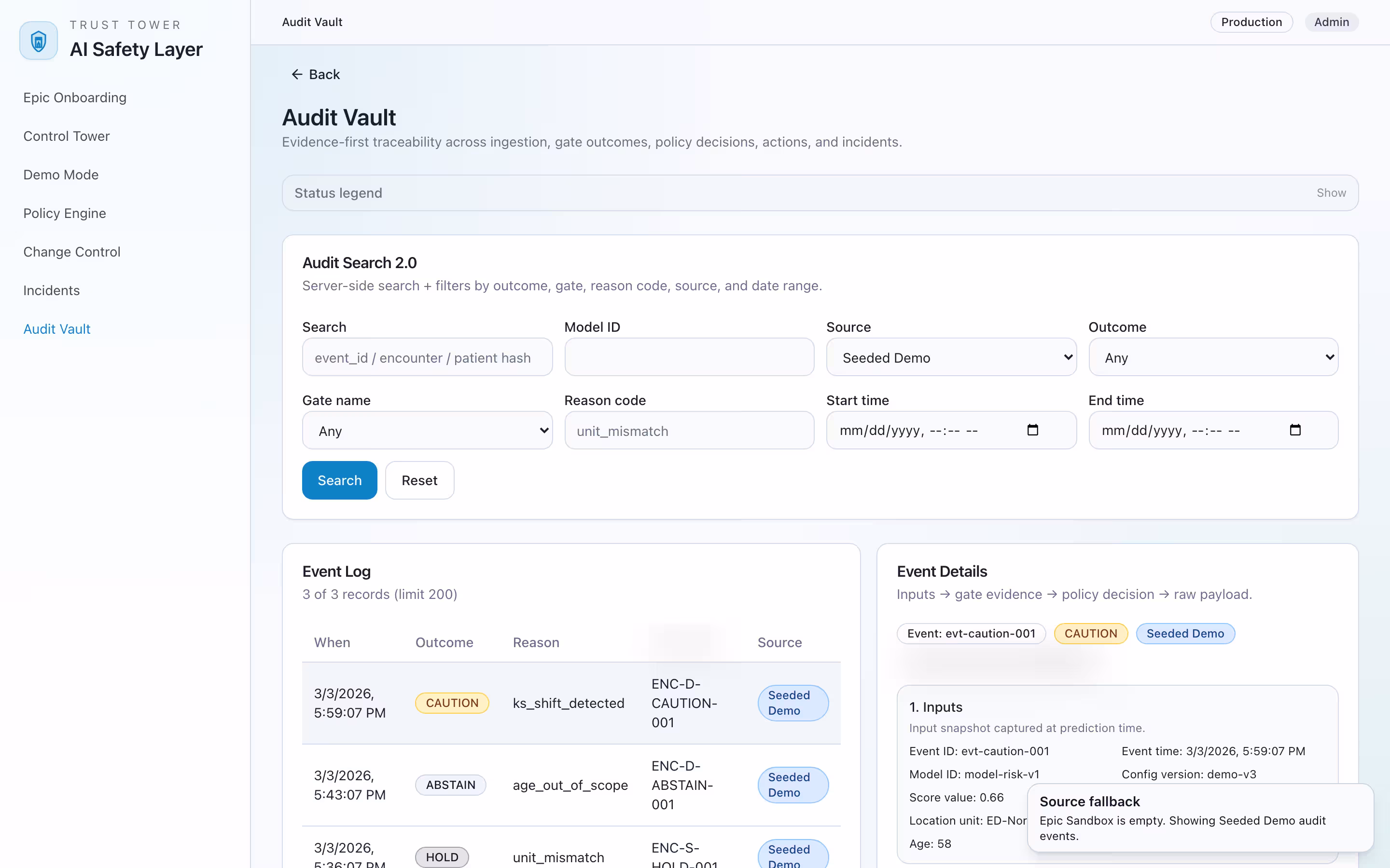 Audit vault interface with event log and evidence trail