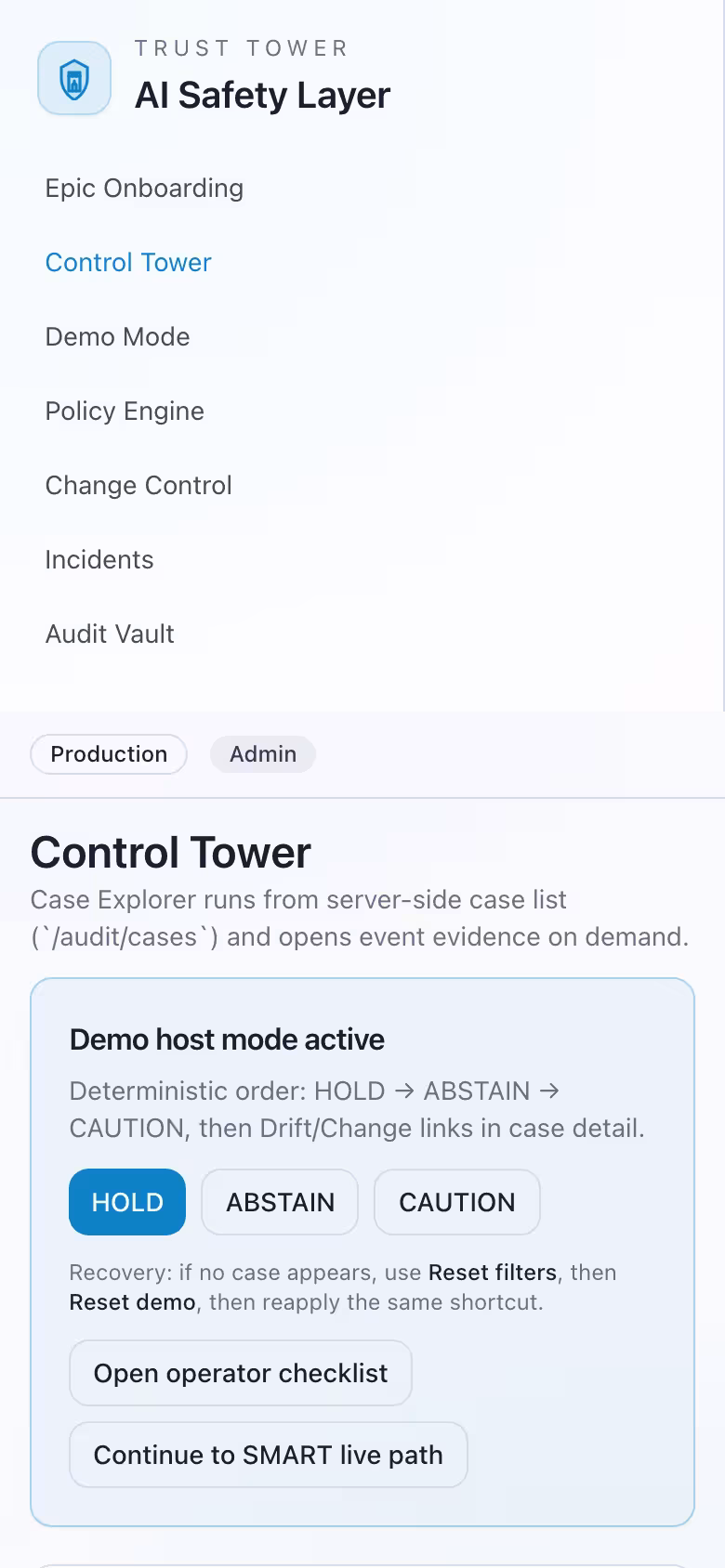 Control tower HOLD scenario showing hard-stop state and incident-oriented next actions