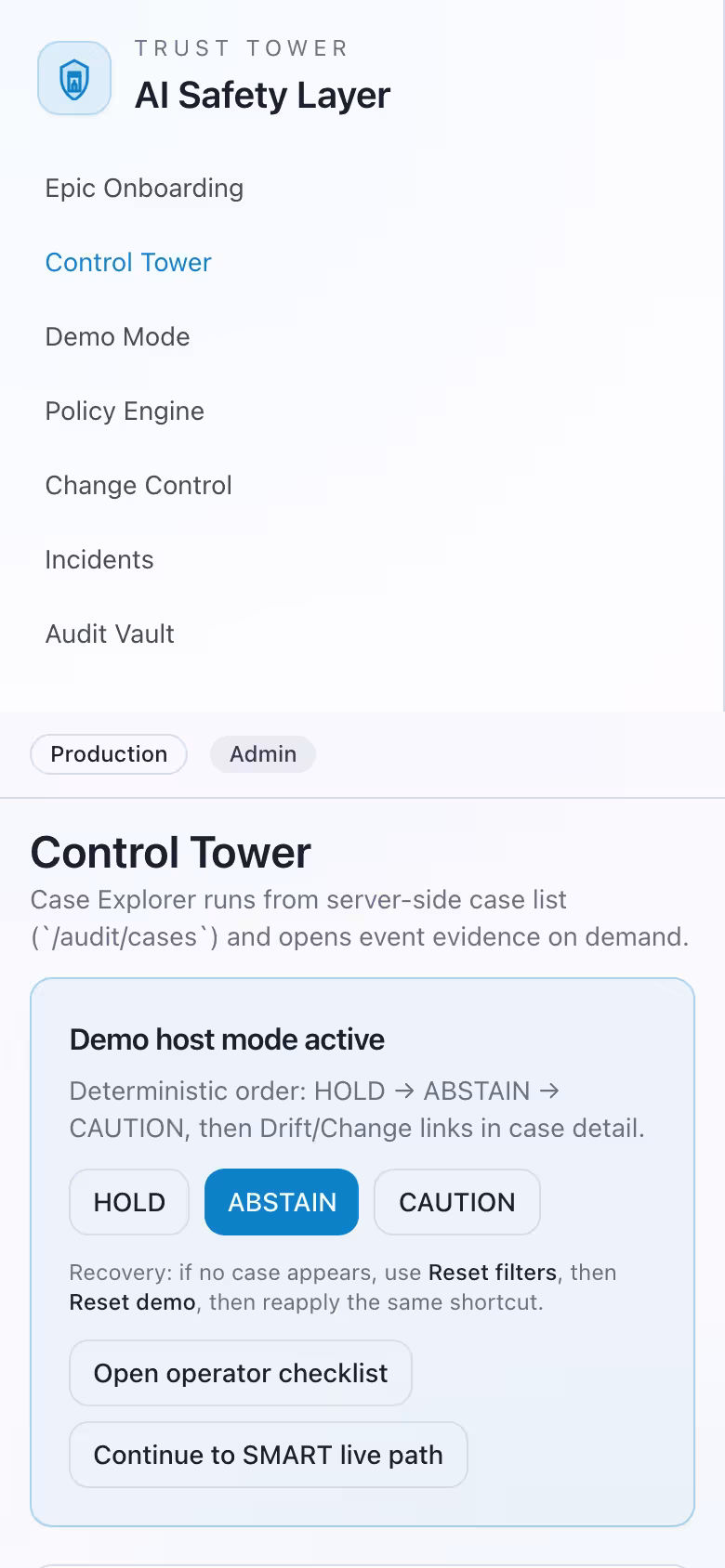 Control tower ABSTAIN scenario showing intended-use boundary enforcement
